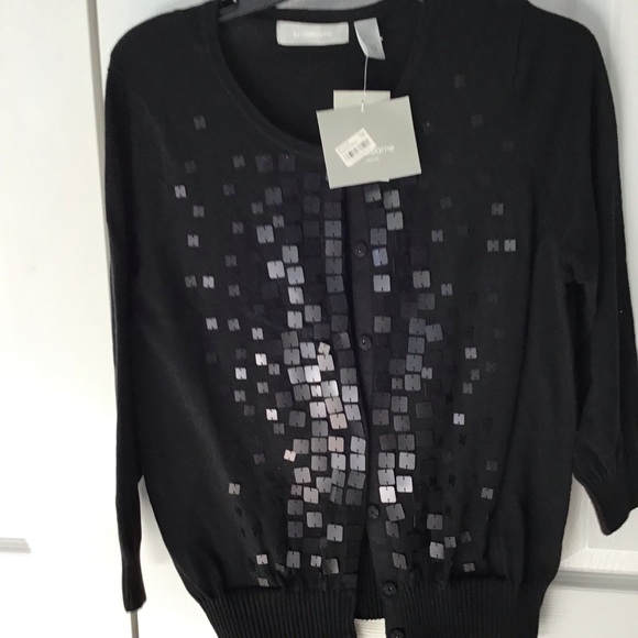 Vintage Liz Claiborne Black Cardigan With Silver Square sequence PL - Picture 2 of 10